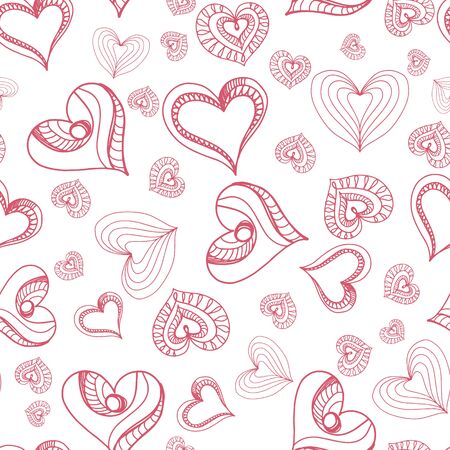 Romantic cute seamless pattern with hearts. Vector. Doodle style. Decorative Hand drawing background. Valentine day. red, white. For packaging paper, fabric 
のイラスト素材