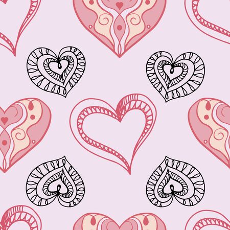 Colorful  seamless pattern with pink and doodle hearts on the light pink background . Vector. Hand drawing . Valentine day. Red, light pink, black. For packaging paper, fabricのイラスト素材