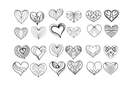Vector Set of doodle Hearts. Silhouette hand drawing graphic Love elements for Valentines Day, Weddind design, posters. Black and whiteのイラスト素材