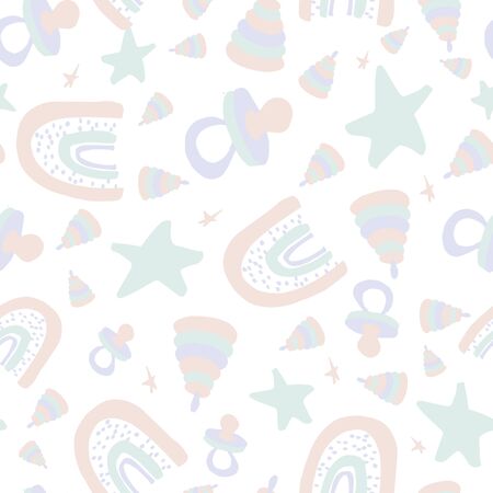 Colorful baby pattern with decorative rainbow, stars, toys of pyramid, hearts in pastel colors.のイラスト素材
