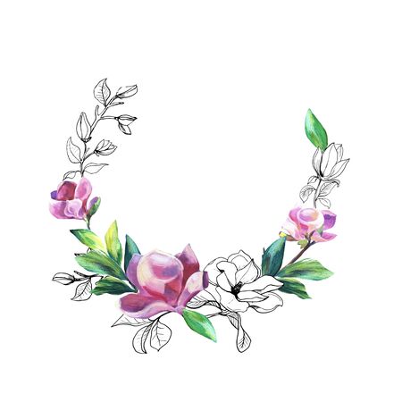 Wreath of Flowers of Pink Magnolia with green Leaves. Romantic floral arrangement. Oil Painted texture with hand drawing outline elements. Decoration for Greeting, Wedding design.の写真素材