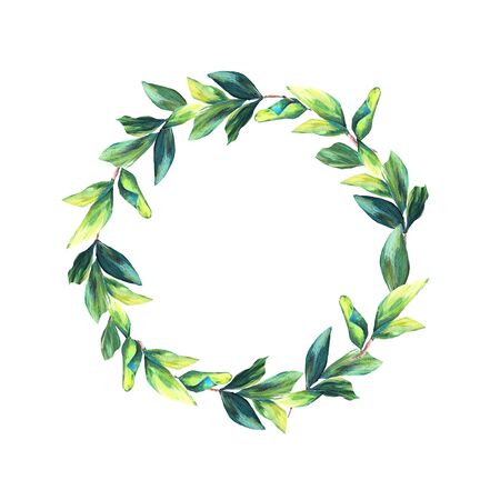 Wreath with green Leaves. Romantic floral round arrangement. Oil Painted texture. Foliage frame isolated on the white background. Decorの写真素材