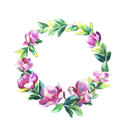 Wreath of Flowers of Pink Magnolia with green Leaves. Romantic floral arrangement. Oil Painted texture . Trendy spring blossom with a bud and green leaf round.の写真素材