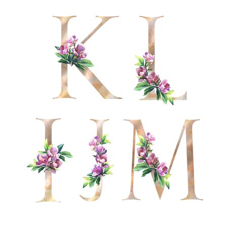Floral Letters set with flowers of magnolia and leaves. K, L, M, J, I. Elegant Alphabet on the white background. Design for Wedding, inviting, greeting and birthday cardの写真素材