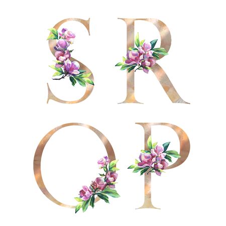 Floral Letters set with hand painted flowers of magnolia and leaves. S, R, O, P. Elegant Alphabet on the white background. Design for Wedding, inviting, greeting and birthday cardの写真素材