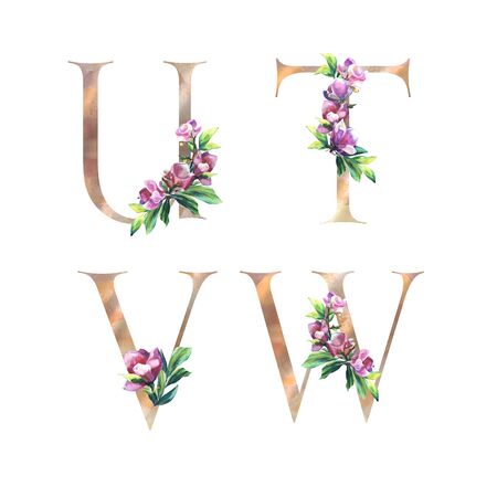 Floral Letters set with flowers of magnolia and leaves. U, T, W, V. Elegant Alphabet isolated on the white background. Design for Wedding, inviting, greeting and birthday cardの写真素材