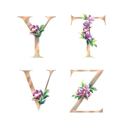 Floral Letters set with hand painted pink flowers and leaves. Y, T, V, Z Elegant Alphabet isolated on the white background. Design for Wedding, inviting, greeting and birthday cardの写真素材