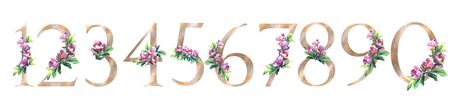 Gold numbers with flowers and leaves. Hand painted flowers of pink Magnolia. For wedding invitations, greeting card, poster and other floral design. Isolatedの写真素材