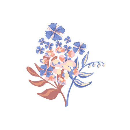 Festive Colorful motif flower isolated on the white background. Stylized Bouquet. Vector illustration for greeting, wedding, floral design. Ornate. Orange, Yellow, Peach, Indigo, blue colorsのイラスト素材