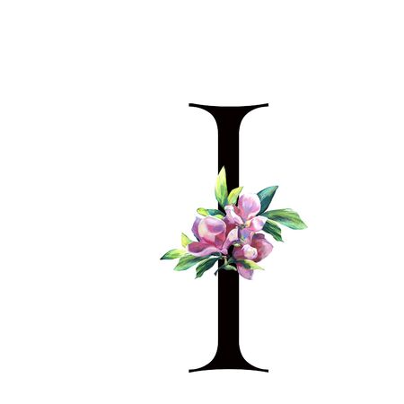 Floral Letter  with hand painted pink flowers and leaves. . Elegant Alphabet isolated on the white background. Design for Wedding, inviting, greeting and birthday card for celebration. Black Iの写真素材