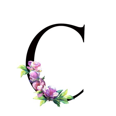 Floral Letter with hand painted pink flowers and leaves. . Elegant Alphabet isolated on the white background. Design for Wedding, inviting, greeting and birthday card for celebration. Blackの写真素材