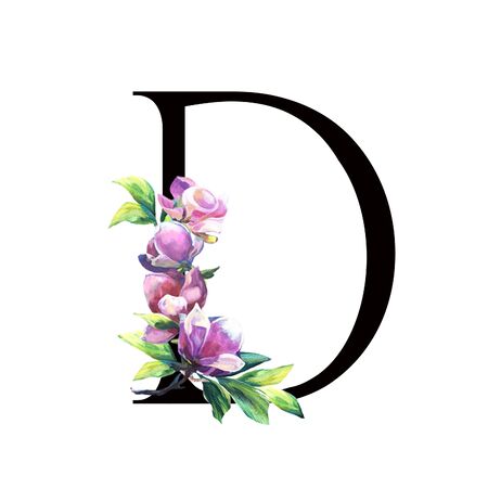Floral Letter  with hand painted pink flowers and leaves. . Elegant Alphabet isolated on the white background. Design for Wedding, inviting, greeting and birthday card for celebration. Black Dの写真素材