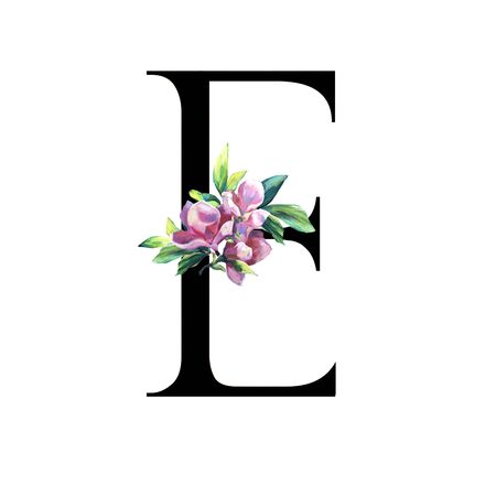 Floral Letter with hand painted pink flowers and leaves. . Elegant Alphabet isolated on the white background. Design for Wedding, inviting, greeting and birthday card for celebration. Black Eの写真素材