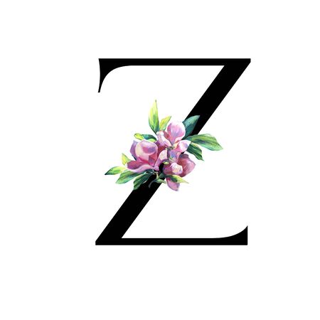 Floral Letter with hand painted pink flowers and leaves. . Elegant Alphabet isolated on the white background. Design for Wedding, inviting, greeting and birthday card for celebration. Blackの写真素材