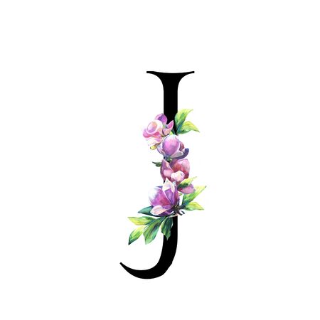 Floral Letter  with hand painted pink flowers and leaves. . Elegant Alphabet isolated on the white background. Design for Wedding, inviting, greeting and birthday card for celebration. Black Jの写真素材