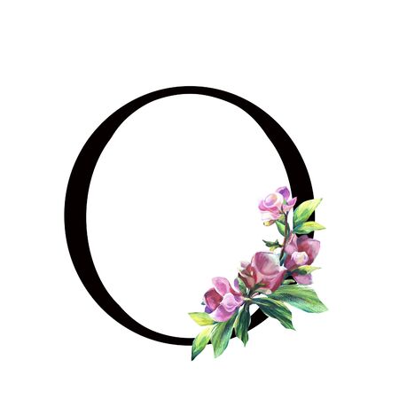 Floral Letter with hand painted pink flowers and leaves. . Elegant Alphabet isolated on the white background. Design for Wedding, inviting, greeting and birthday card for celebration. Blackの写真素材