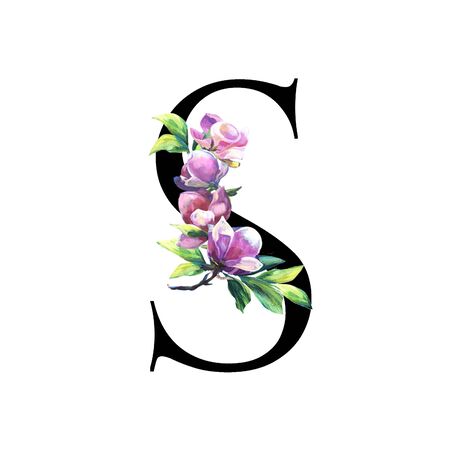Floral Letter with hand painted pink flowers and leaves. . Elegant Alphabet isolated on the white background. Design for Wedding, inviting, greeting and birthday card for celebration. Blackの写真素材