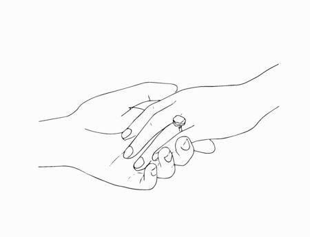 man putting engagement ring on woman hand, outdoor. marriage proposal. Graphic vector illustration. Line art, Sketch. Wedding ring. Hand draw vector illustrationのイラスト素材