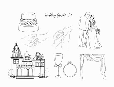 Set of Wedding illustrations. Sketch. Castle, ring, arch, wedding cake, hands, groom, bride. man putting engagement ring on woman hand. marriage proposal. Graphic vectorのイラスト素材