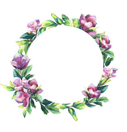 Circle Floral frame with pink Flowers and leaves. Hand painted texture. Spring blossom of Magnolia. Foliage border for greeting, inviting, wedding,の写真素材