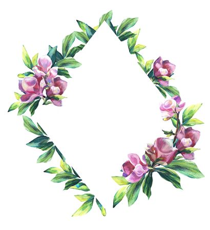 Floral rhombus frame with pink Flowers and leaves. Hand painted texture. Spring blossom of Magnolia. Foliage border for greeting, inviting, wedding, birthday cardの写真素材