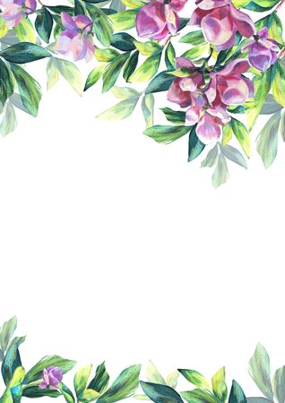 rectangle Floral frame with pink Flowers and leaves. Hand painted texture. Spring blossom of Magnolia. Foliage border for greeting, inviting, wedding, birthday cards.の写真素材
