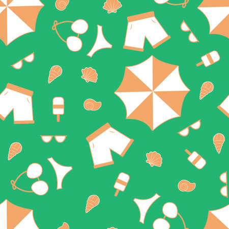 Beach top view pattern. Endless vector illustration with umbrella, shorts, sunglasses, shells and ice cream.のイラスト素材