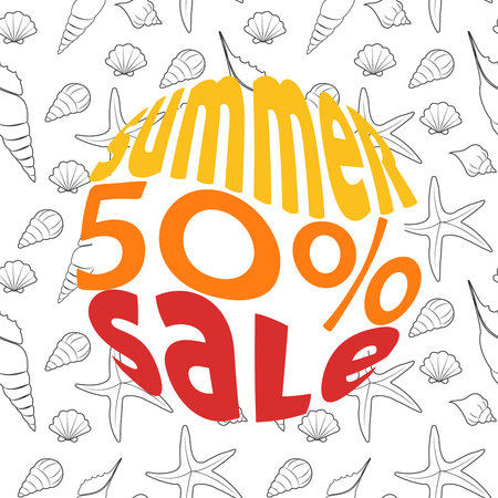 vector summer sale banner with detailed flat seashells on isolated background.のイラスト素材