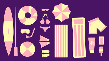 Summer Beach Accessories Set on dark background. Vector items and things for vacation near the sea,...
