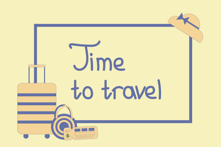 Travel banner in frame with tickets, woman bag, suitcase and hat. Tourism concept in blue and yellow...