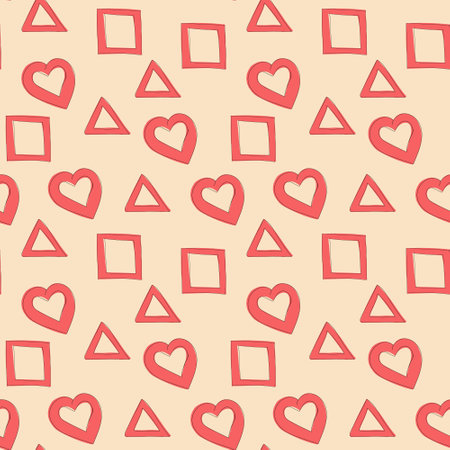 Abstract geometric seamless pattern with simple vector shapes and basic shapes. heart, square, triangle in red colorのイラスト素材
