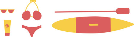Summer Set for vacation on the sea, river, lake. Vector sup, swimsuit, sunscreen, sun glasses. Simple flat red and yellow illustration.のイラスト素材