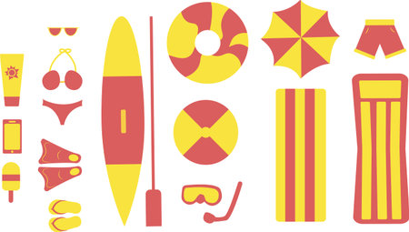Things for tropical summer holidays, sea and beach. Vector objects on white.