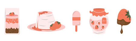 Set of delicious sweets and desserts with strawberries. vector illustration for valentine's day or menuのイラスト素材