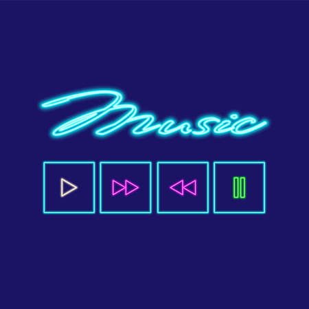 Music neon elements. Neon buttons and lettering for karaoke, bar or club in vectorのイラスト素材