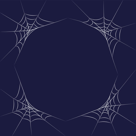 Dark blue Halloween poster with white line frame from spider web in corners. Trick or treat. vectorのイラスト素材