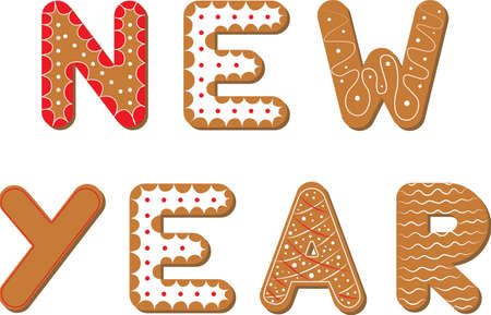 New Year text from cookies set with glaze vector illustration. Isolated letters on white background.のイラスト素材