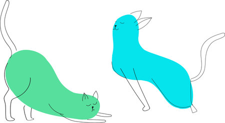 Cat Continuous Line Drawing. Green and blue yoga cats. Spot and line. Vector EPS 10.のイラスト素材
