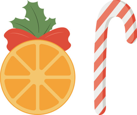Vector Christmas illustration with dry orange and Christmas candy in orange, red and white colorsのイラスト素材