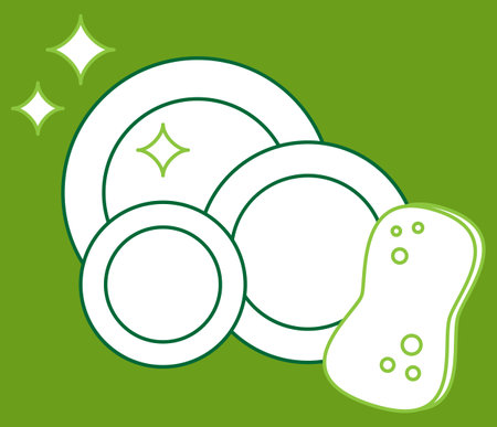 Clean dishes outline icon. sponge scrubbing plate line vector icon. Household supplies and cleaning flat icon in green colorのイラスト素材