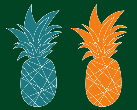 Blue and orange flat pineapples. Tropical ananas isolated on colored background. exotic fruits. vector illustration. line artのイラスト素材