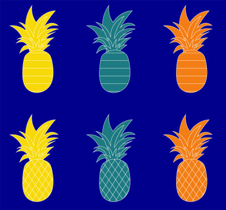 Set of pineapples with different patterns. six exotic fruits on blue isolated background. Vector summer illustrationのイラスト素材