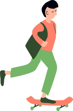 Man on skateboard. flat character. moving boy. Hand drawn colorful person with bag. Vector illustration isolatedのイラスト素材