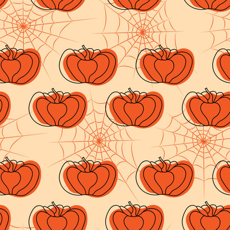 Orange Seamless pumpkin pattern with spider web. Halloween patterns in line art. vectorのイラスト素材
