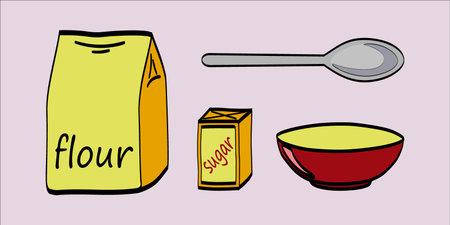 Illustration of a set of food related items on a pink backgroundのイラスト素材