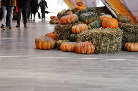 Moscow, Russia, October 4, 2018: the Festival Moscow seasons Golden autumn . The site on Petrovka street. Harvest holiday, farm market, festive decorations with pumpkinsのeditorial素材