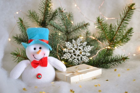 Funny felt snowman with a gift on the background of fir branches with lights of garland on the snow on a festive day. Christmas and New Year conceptの写真素材