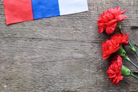 Bright holiday card on February 23. Red carnations and Russian flag on rustic wooden background. Fatherland defender day. The day of military glory.の写真素材