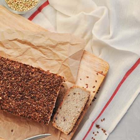 Useful home-made vegan sourdough bread from green buckwheat with flax and sunflower seeds. Raw...