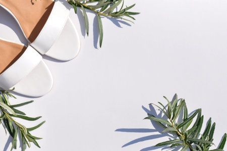 Trendy Sunny summer concept with white sandals and green branches on white background with hard light. Flat lay, top view.の写真素材
